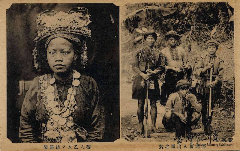 右圖為排灣族出獵的裝扮、左圖為排灣族婦女的結婚服飾